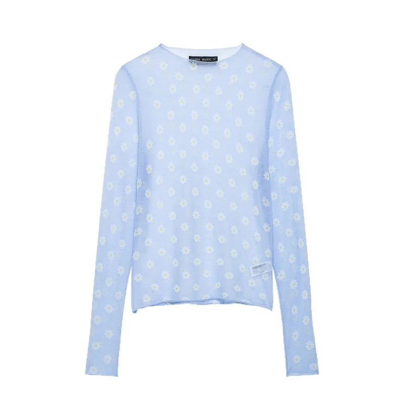 Damen Feines transparentes Mesh-Longsleeve mit Allover-Gänseblümchenprint und Rundhalsausschnitt Drune