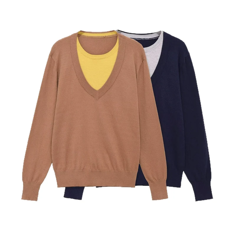 Damen Feiner V-Ausschnitt-Strickpullover mit integriertem Kontrast-Layer Drune