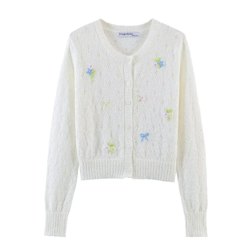 Damen Feiner Strick-Cardigan mit Blumenstickerei und tailliertem Saum Drune