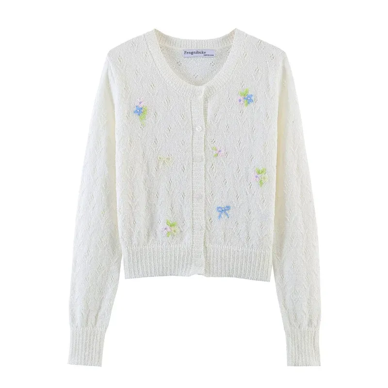 Damen Feiner Strick-Cardigan mit Blumenstickerei und tailliertem Saum Drune
