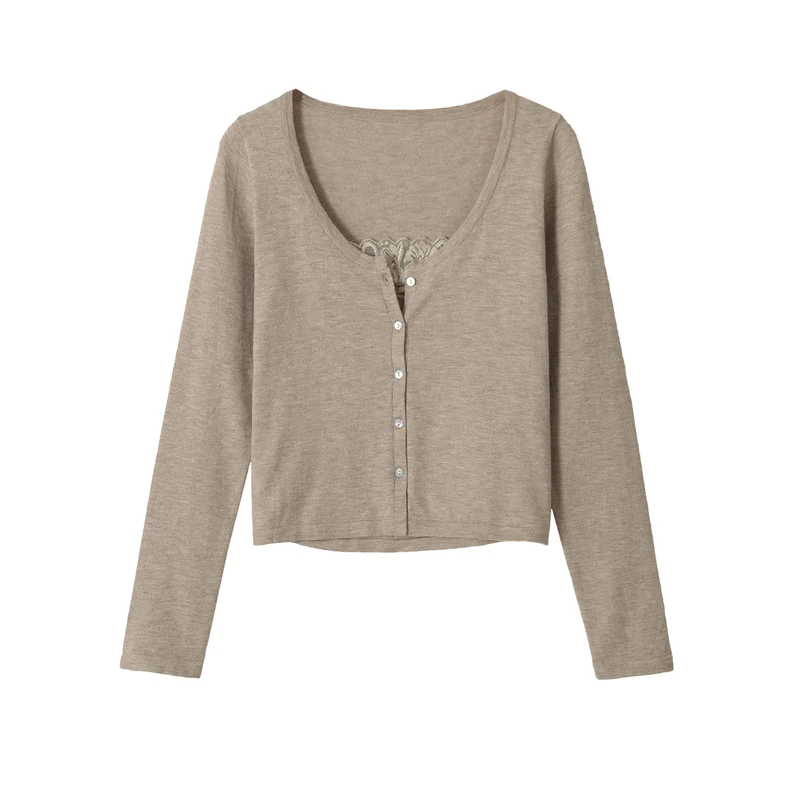 Damen Feiner Cropped-Cardigan mit Spitzen-Einsatz und Knopfleiste Drune