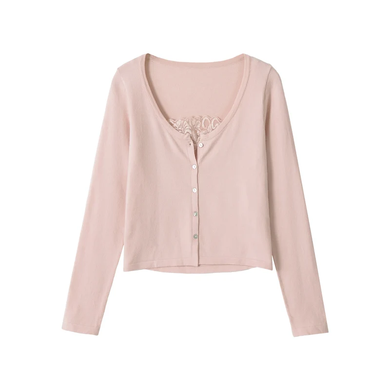 Damen Feiner Cropped-Cardigan mit Spitzen-Einsatz und Knopfleiste Drune