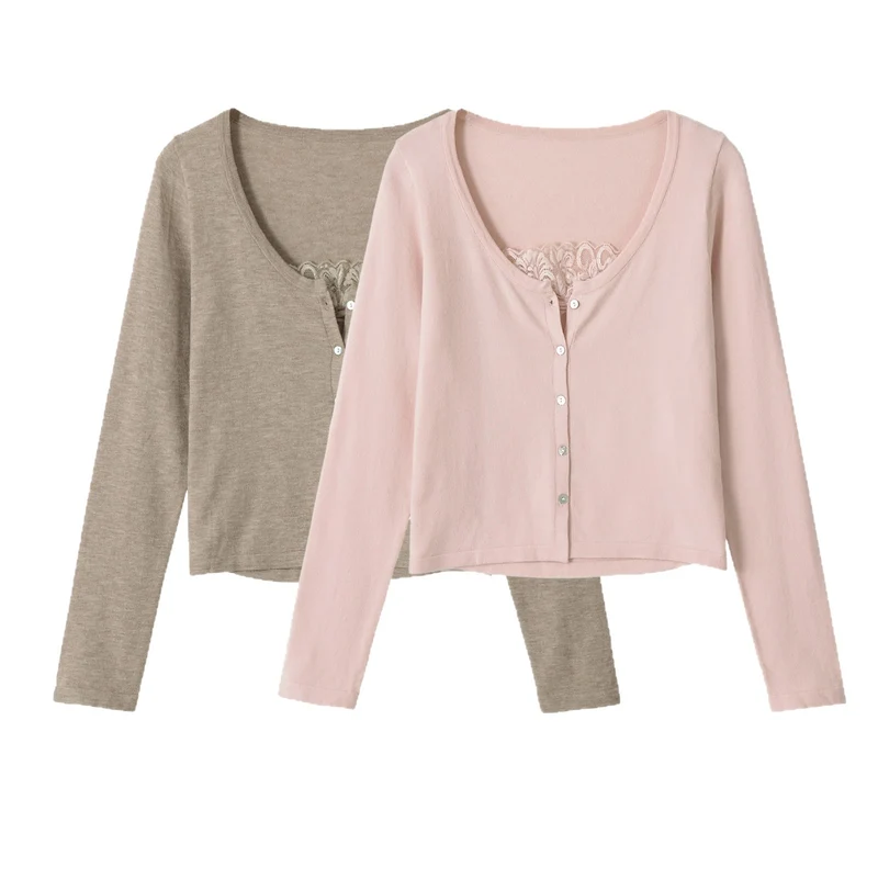 Damen Feiner Cropped-Cardigan mit Spitzen-Einsatz und Knopfleiste Drune