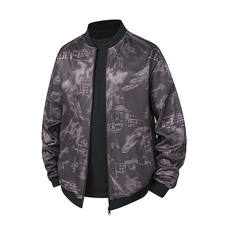 Herren Bomberjacke mit Allover‑Federprint, Satinoptik und geripptem Kragen Drune