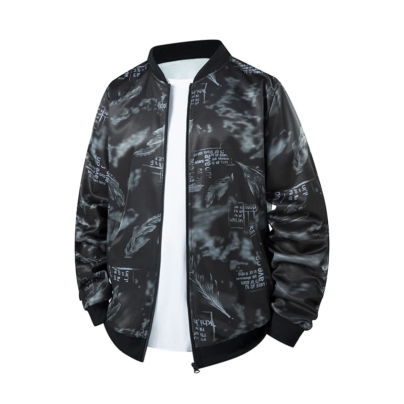 Herren Bomberjacke mit Allover‑Federprint, Satinoptik und geripptem Kragen Drune