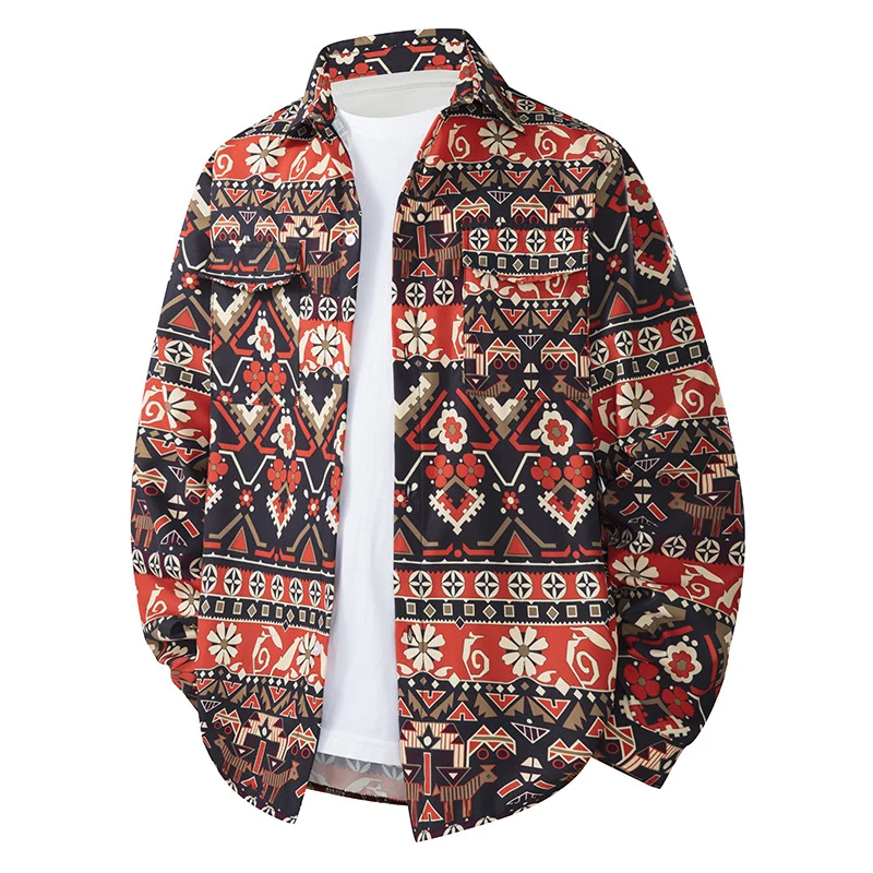 Herren Bedrucktes Overshirt im Ethno Azteken‑Look mit Brusttaschen und relaxed Fit Drune
