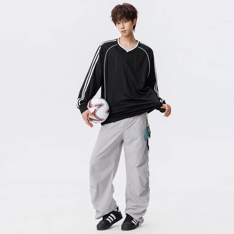 Damen Weites V-Ausschnitt Oversize-Sportshirt mit Raglanärmeln und Kontraststreifen Drune