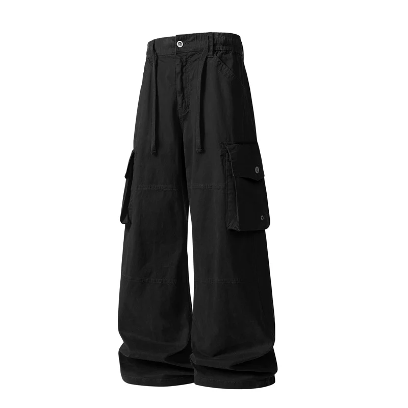 Damen weite Utility-Cargo-Hose mit hoher Taillierung, elastischem Bund und großen Klappentaschen Drune
