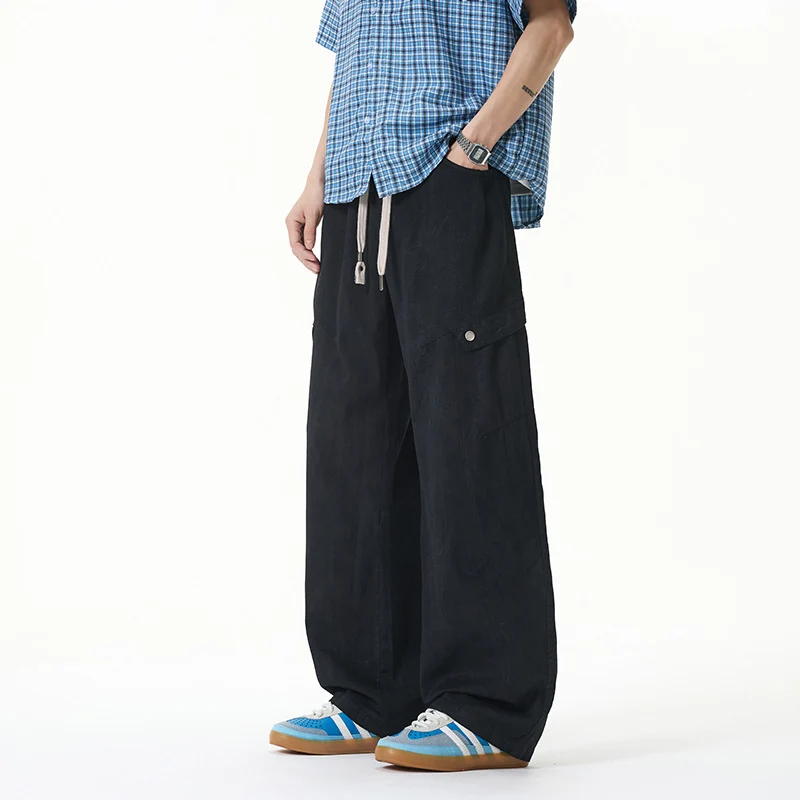 Damen Weite Leinenoptik-Cargohose mit Tunnelzugbund und großen Klapptaschen Drune