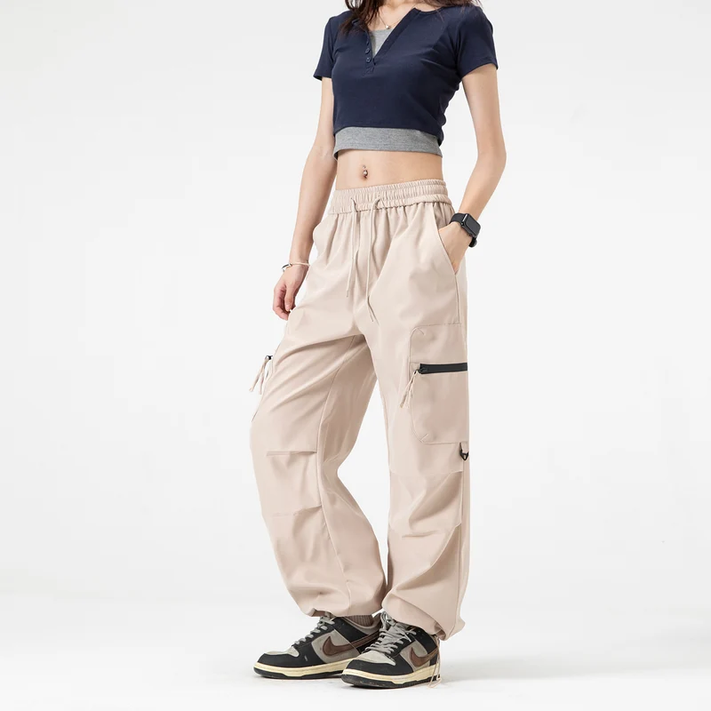 Damen Weite Cargo‑Schlaghose mit hohem Elastbund, Multitaschen und verstellbarem Saum Drune