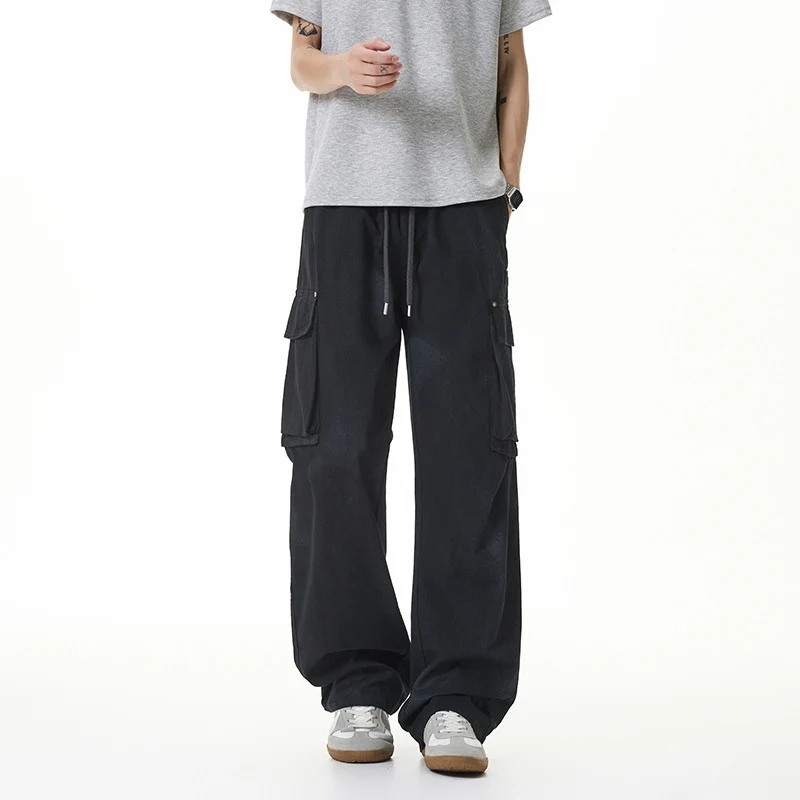 Damen Weite Cargo-Hose im Baggy-Stil mit Tunnelzugbund, Multifachtaschen und Used-Waschung Drune