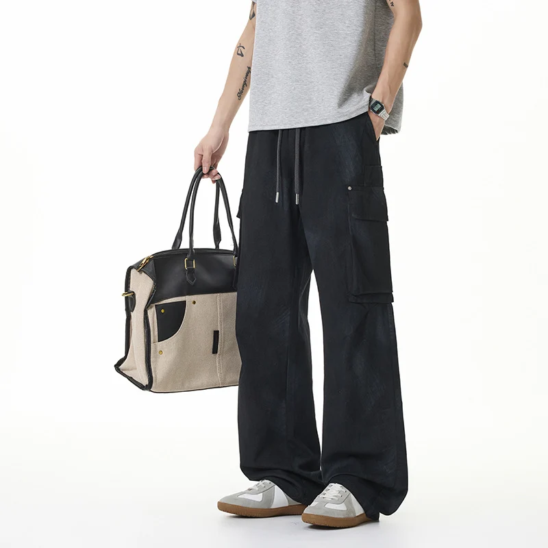 Damen Weite Cargo-Hose im Baggy-Stil mit Tunnelzugbund, Multifachtaschen und Used-Waschung Drune