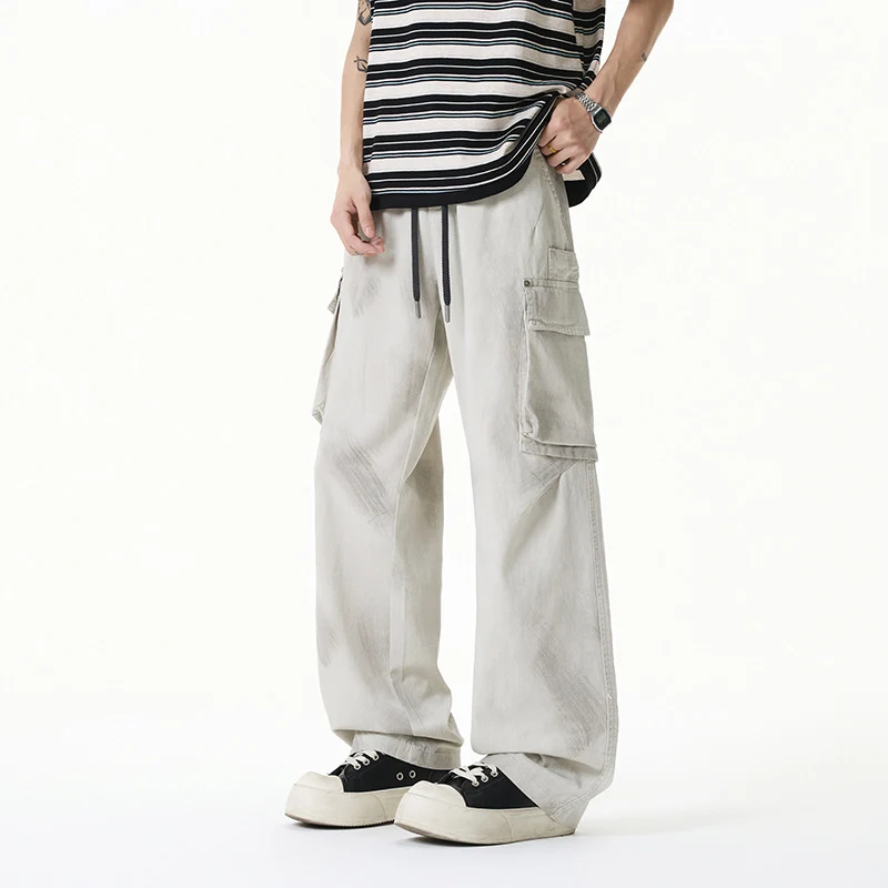 Damen Weite Cargo-Hose im Baggy-Stil mit Tunnelzugbund, Multifachtaschen und Used-Waschung Drune