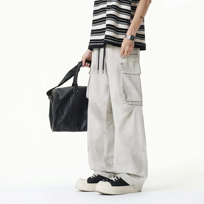 Damen Weite Cargo-Hose im Baggy-Stil mit Tunnelzugbund, Multifachtaschen und Used-Waschung Drune