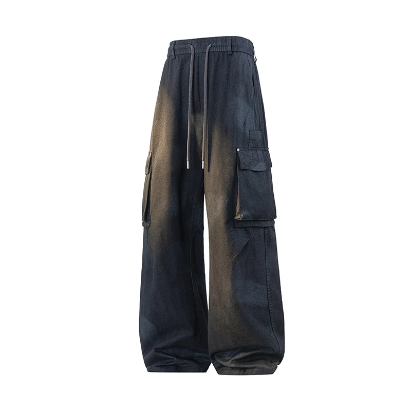 Damen Weite Cargo-Hose im Baggy-Stil mit Tunnelzugbund, Multifachtaschen und Used-Waschung Drune