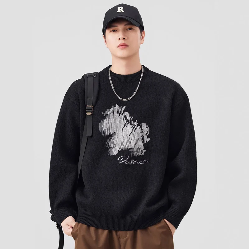 Damen Oversize-Strickpullover mit Jacquard-Hundemotiv und geripptem Saum Drune