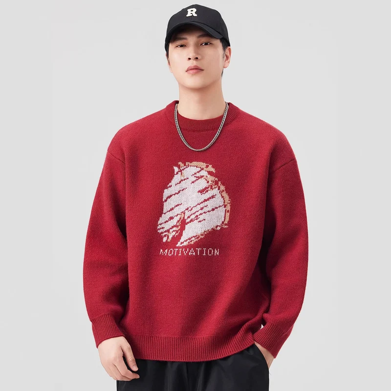 Damen Oversize-Strickpullover mit Intarsienmotiv und Rundhalsausschnitt Drune