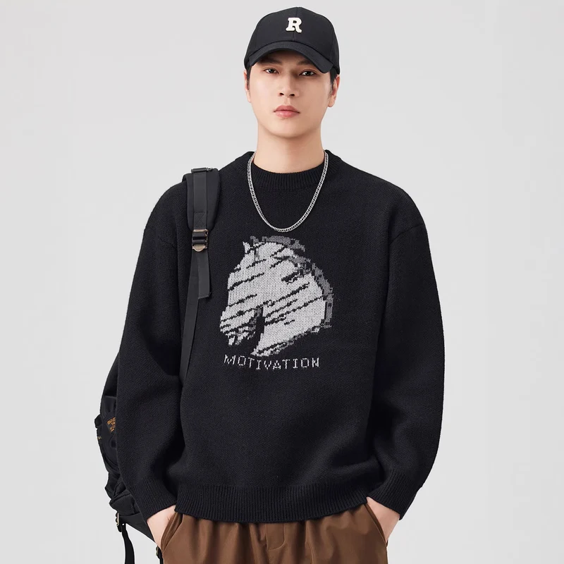 Damen Oversize-Strickpullover mit Intarsienmotiv und Rundhalsausschnitt Drune