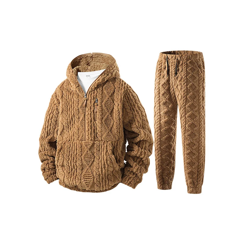 Damen Kuschel-Set aus Kapuzen-Halbzip-Pullover und Jogginghose in Kabelstrick-Fleece Drune