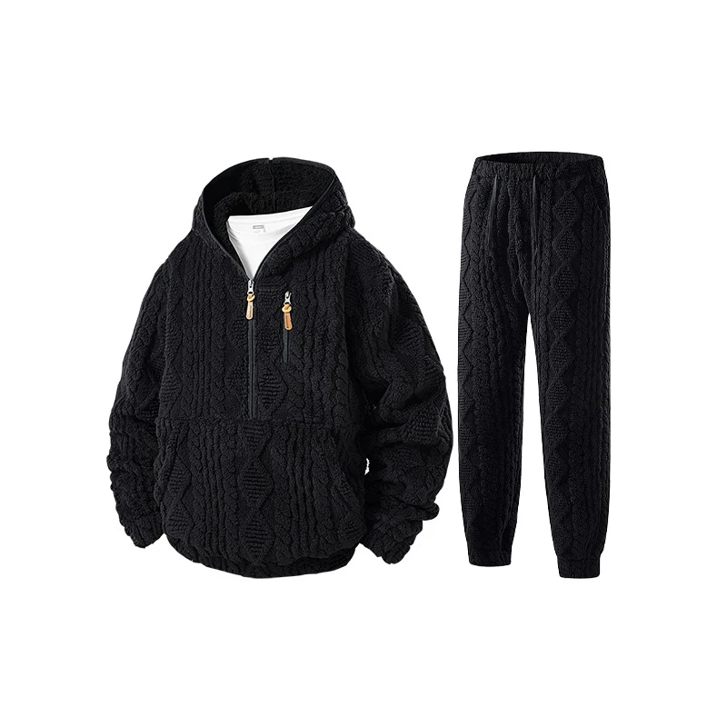 Damen Kuschel-Set aus Kapuzen-Halbzip-Pullover und Jogginghose in Kabelstrick-Fleece Drune