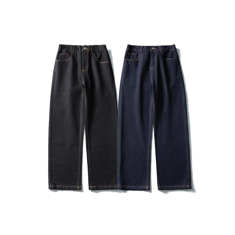 Damen High‑Waist gerade geschnittene Denim-Jeans mit weitem Bein und sichtbaren Kontrastnähten Drune