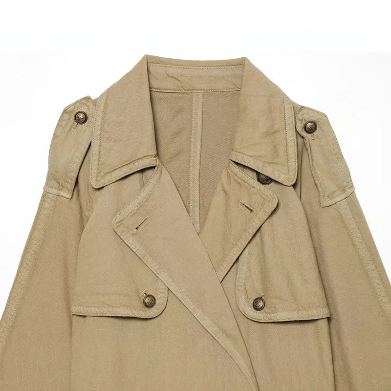 Damen Kurz geschnittene Trenchjacke mit Doppelknopfleiste, Schulterpatten und Taillengürtel Drune