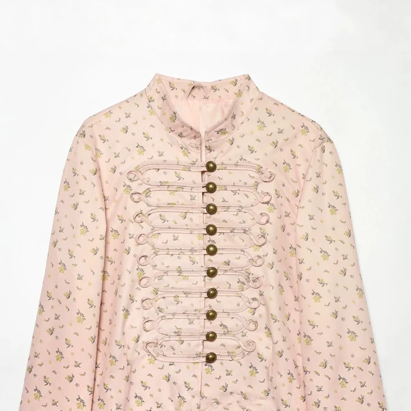 Damen Kurz geschnittene Satin-Militärjacke mit dekorativen Froschverschlüssen und Blumenprint Drune