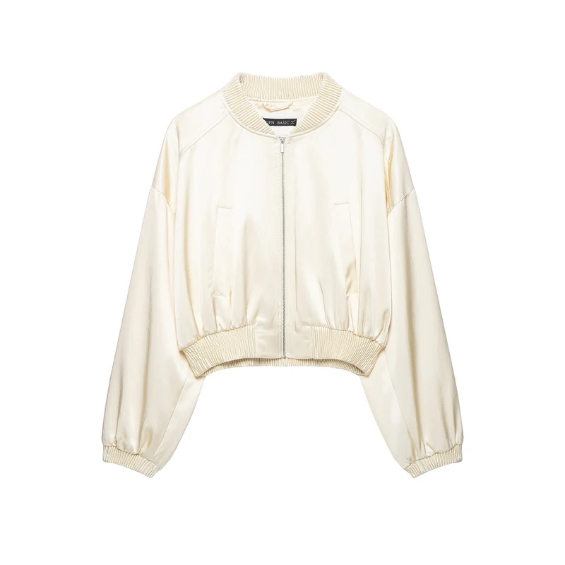 Damen Kurz geschnittene Cropped‑Bomberjacke mit geripptem Saum und überschnittener Schulter Drune
