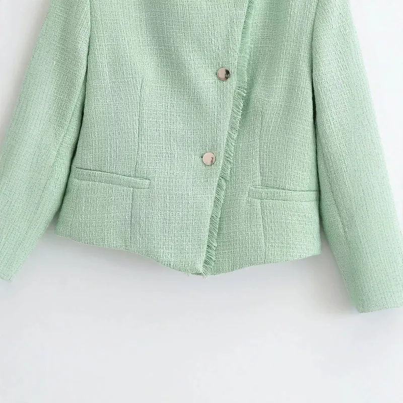 Damen Kurz geschnittene Bouclé-Tweedjacke mit Fransenbesatz und Rundhalsausschnitt Drune
