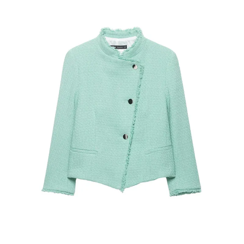 Damen Kurz geschnittene Bouclé-Tweedjacke mit Fransenbesatz und asymmetrischer Knopfleiste Drune