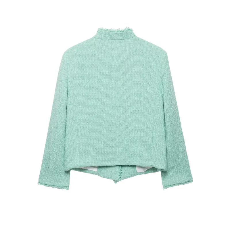 Damen Kurz geschnittene Bouclé-Tweedjacke mit Fransenbesatz und asymmetrischer Knopfleiste Drune