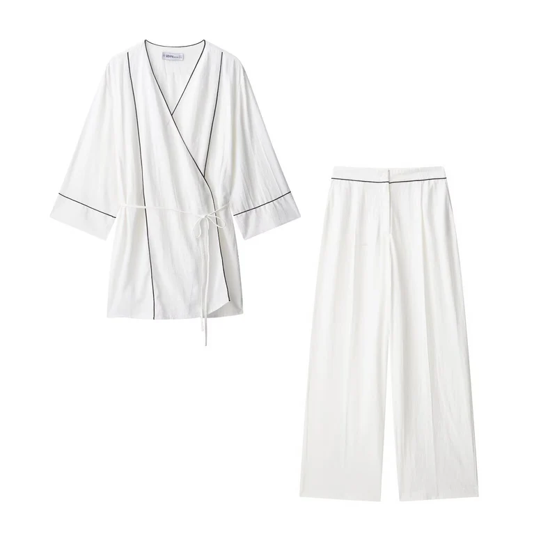 Damen Kimono-Cardigan mit Bindegürtel und Kontrastpaspel Drune