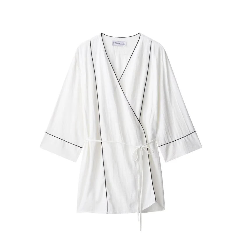 Damen Kimono-Cardigan mit Bindegürtel und Kontrastpaspel Drune