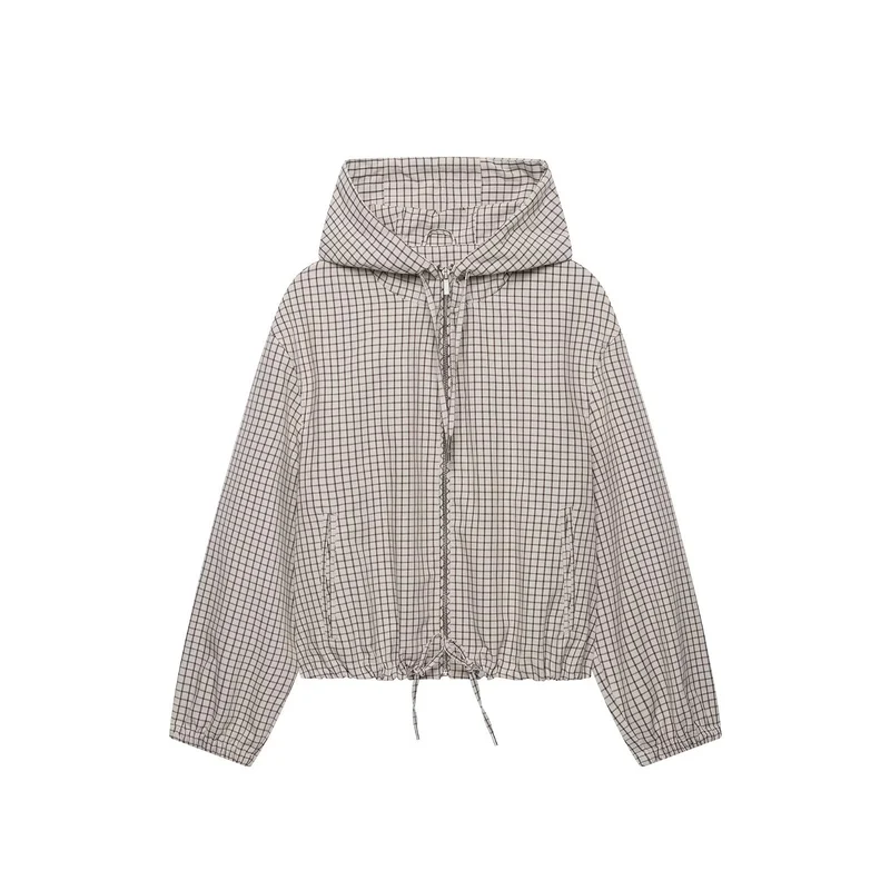 Damen Kariertes Cropped-Blouson mit Kapuze, Tunnelzug und Reißverschluss Drune