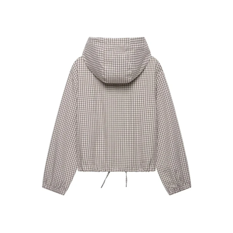 Damen Kariertes Cropped-Blouson mit Kapuze, Tunnelzug und Reißverschluss Drune
