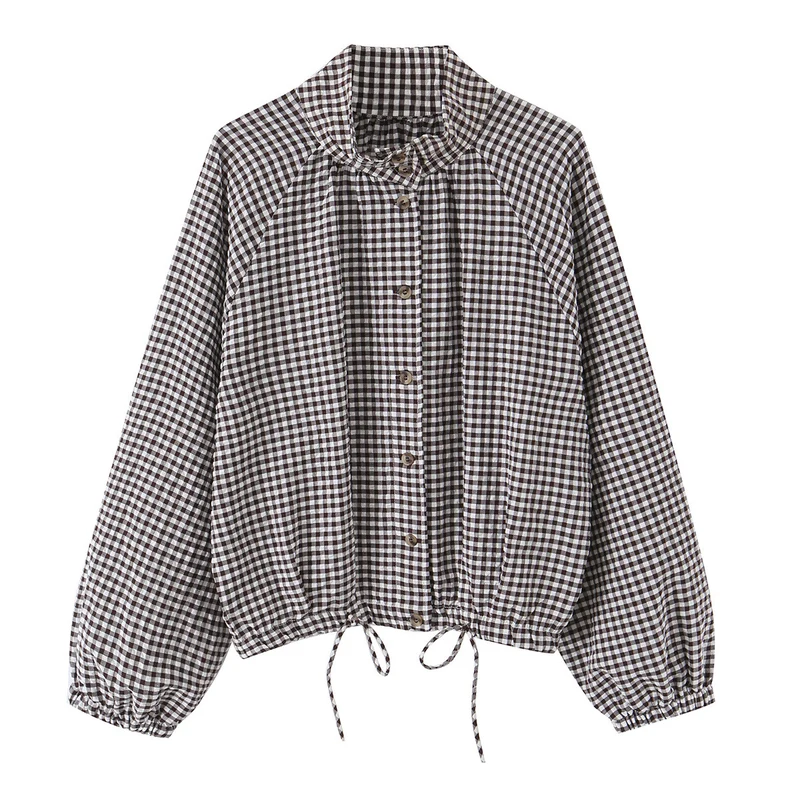 Damen Karierter Gingham-Blouson mit Tunnelzug-Saum, Raglanärmeln und Stehkragen Drune