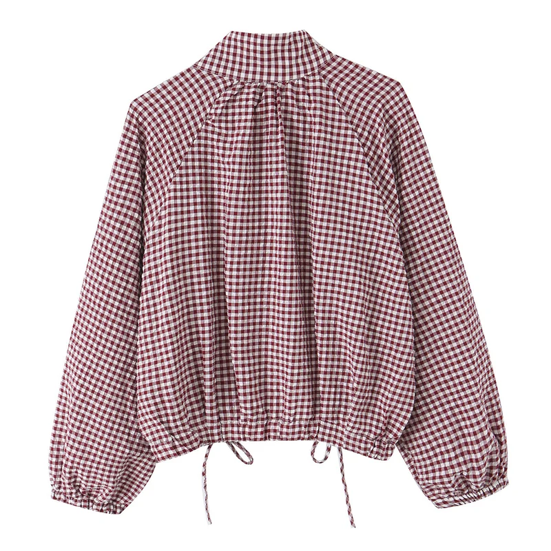 Damen Karierter Gingham-Blouson mit Tunnelzug-Saum, Raglanärmeln und Stehkragen Drune