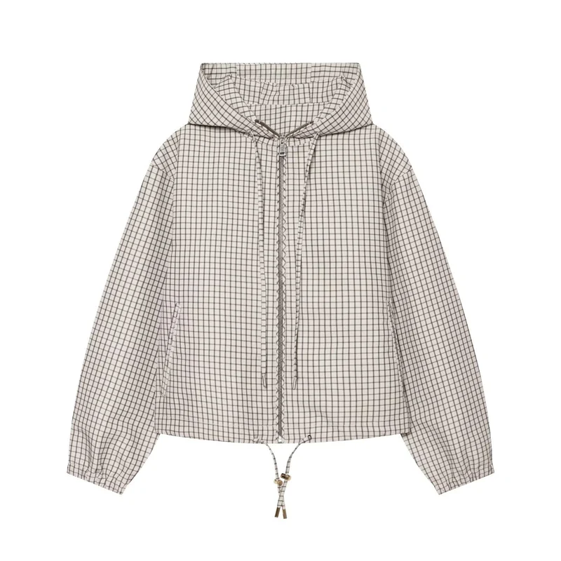 Damen Karierter Cropped‑Windbreaker mit Kapuze, Tunnelzug und Reißverschluss Drune