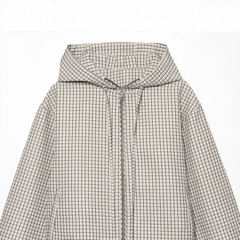 Damen Karierter Cropped‑Windbreaker mit Kapuze, Tunnelzug und Reißverschluss Drune