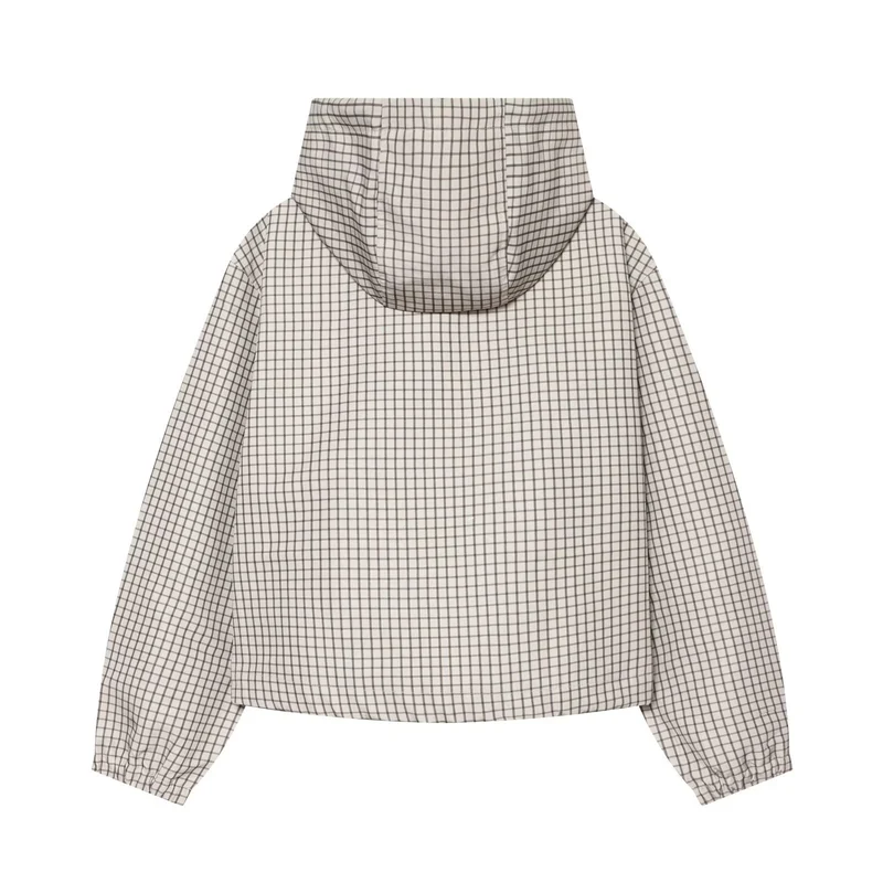 Damen Karierter Cropped‑Windbreaker mit Kapuze, Tunnelzug und Reißverschluss Drune