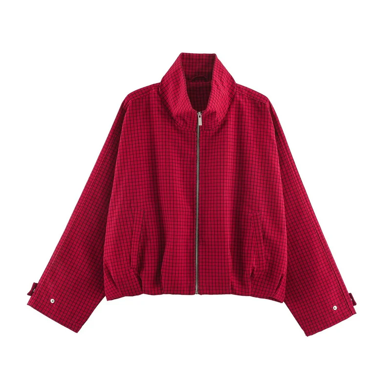 Damen Karierter Cropped-Blouson mit hohem Stehkragen, weitem Schnitt und Druckknopfmanschetten Drune