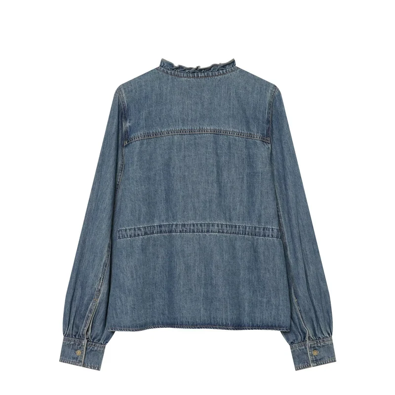 Damen Jeansbluse mit Volantknopfleiste, Tunnelzug‑Taillierung und Rüschkragen Drune