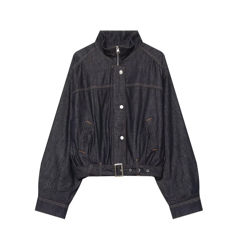 Damen Jeans-Cropped-Blouson mit Taillengürtel und hohem Stehkragen Drune