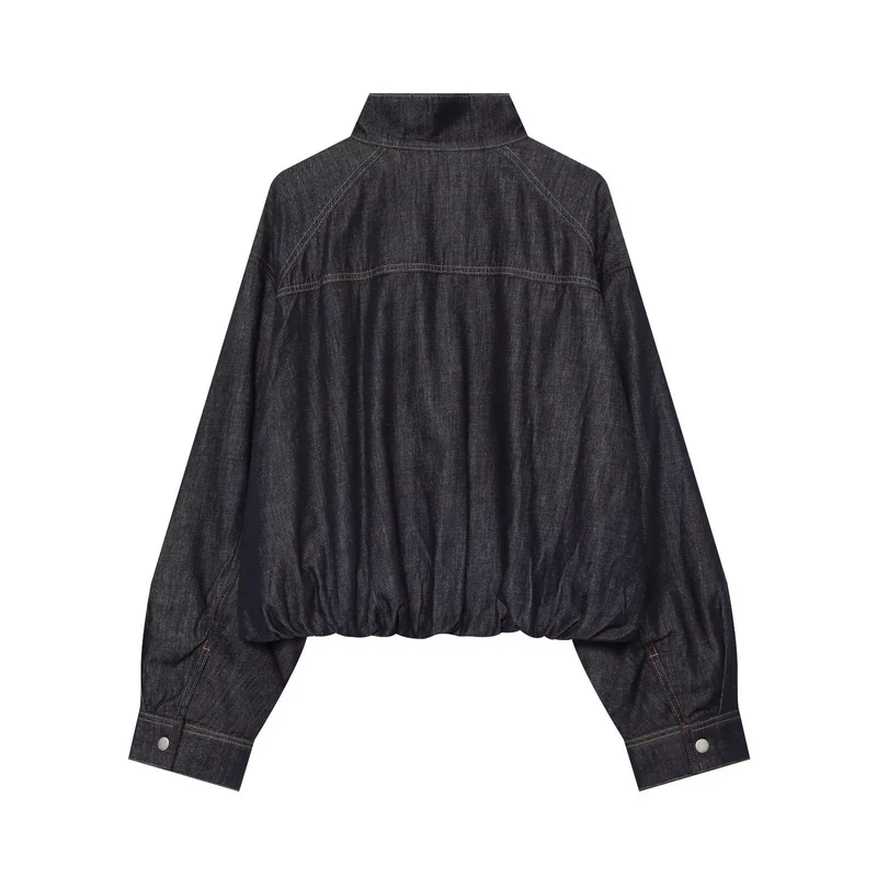 Damen Jeans-Cropped-Blouson mit Taillengürtel und hohem Stehkragen Drune