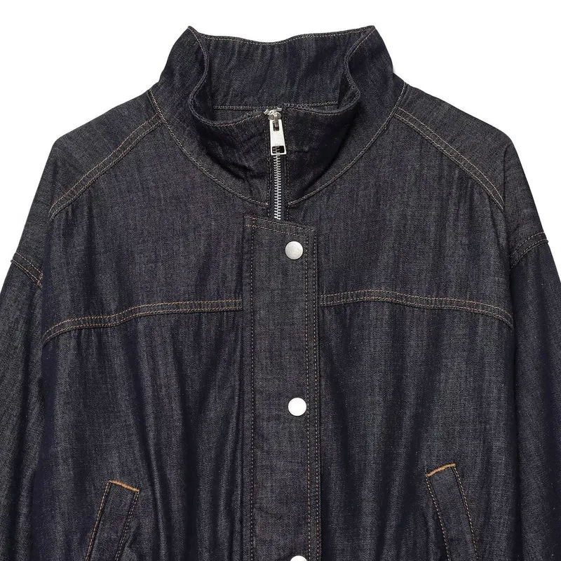 Damen Jeans-Cropped-Blouson mit Taillengürtel und hohem Stehkragen Drune