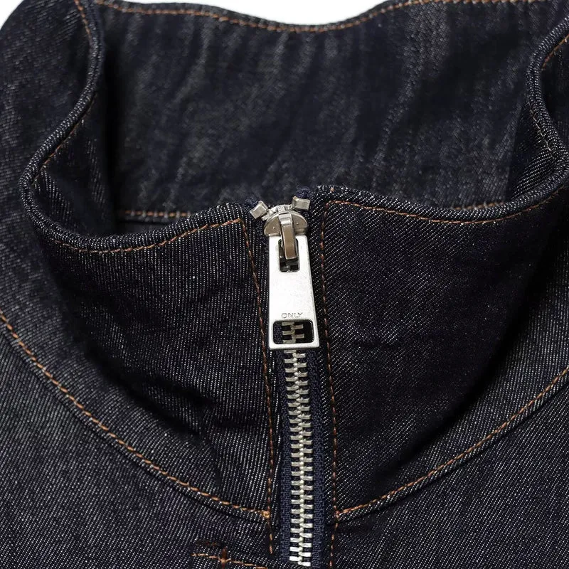 Damen Jeans-Cropped-Blouson mit Taillengürtel und hohem Stehkragen Drune