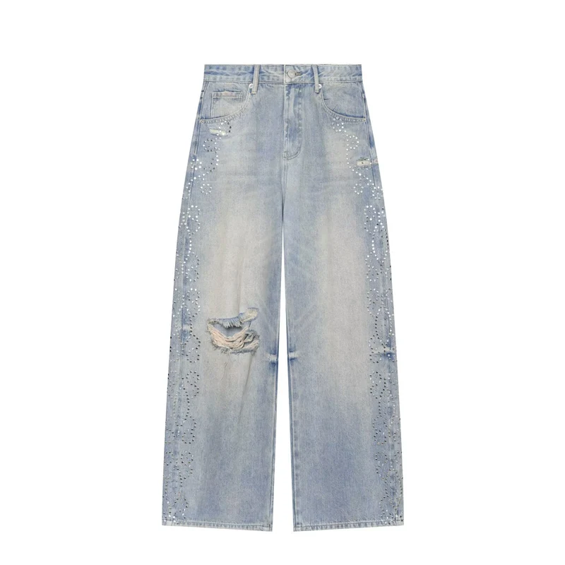 Damen High Waist Jeans mit weitem Bein, Destroyed-Details und Nietenapplikation Drune