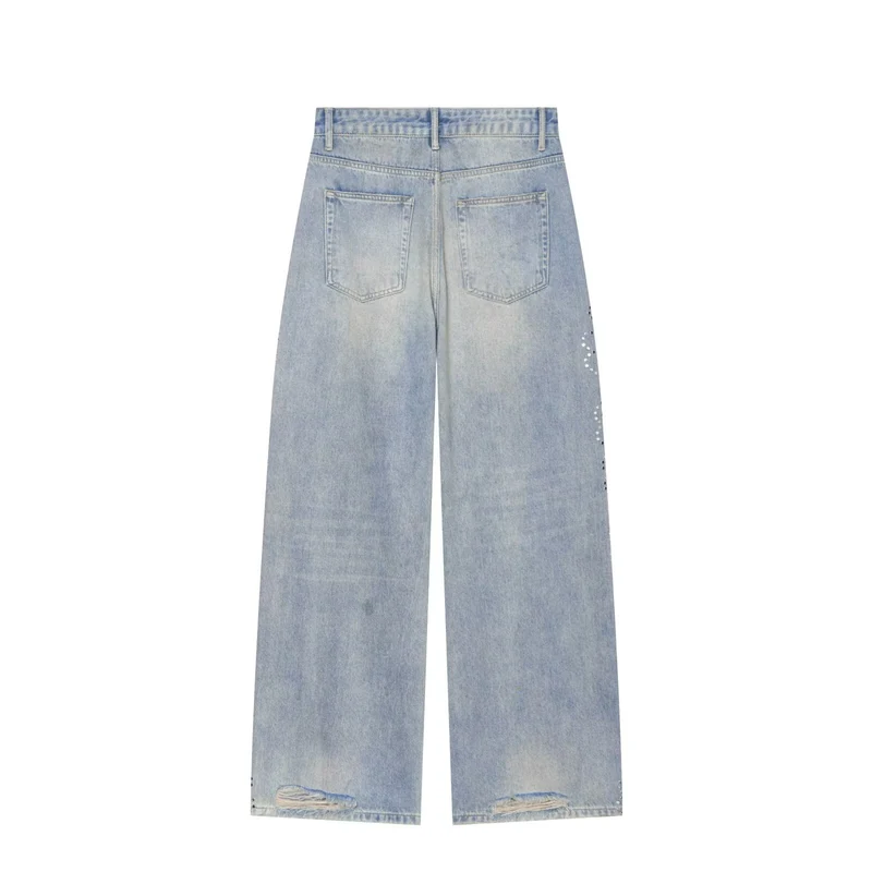 Damen High Waist Jeans mit weitem Bein, Destroyed-Details und Nietenapplikation Drune