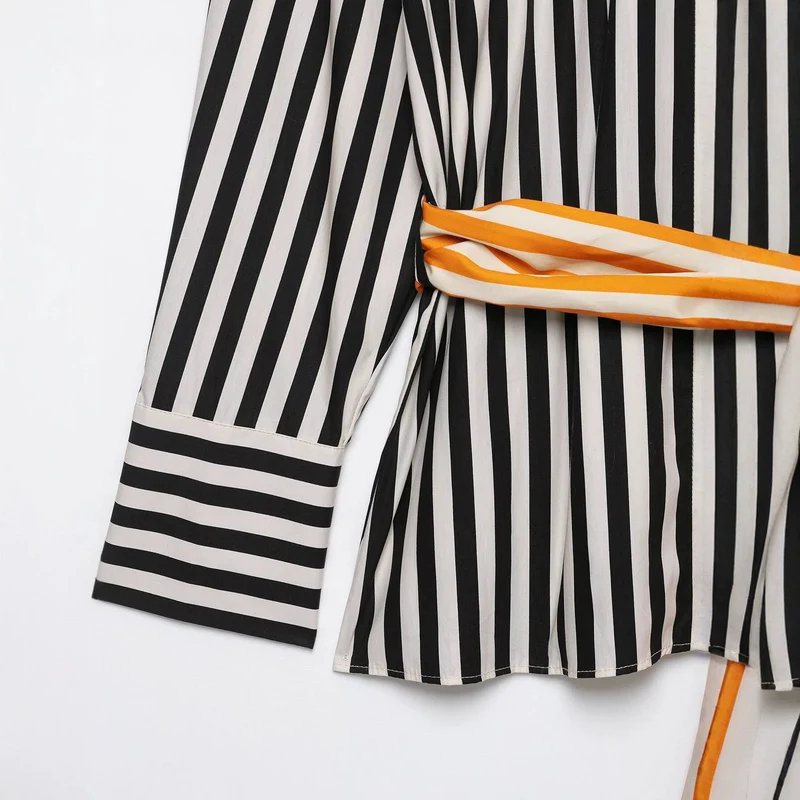 Damen Hemdblusen‑Kleid mit vertikalen Streifen und markantem Schleifengürtel Drune