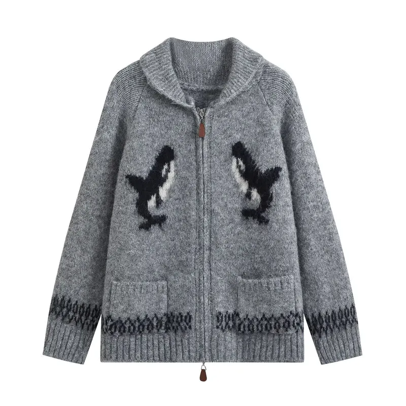 Damen Grobgestrickter Zip-Cardigan mit Schalkragen und Intarsia-Motiv Drune